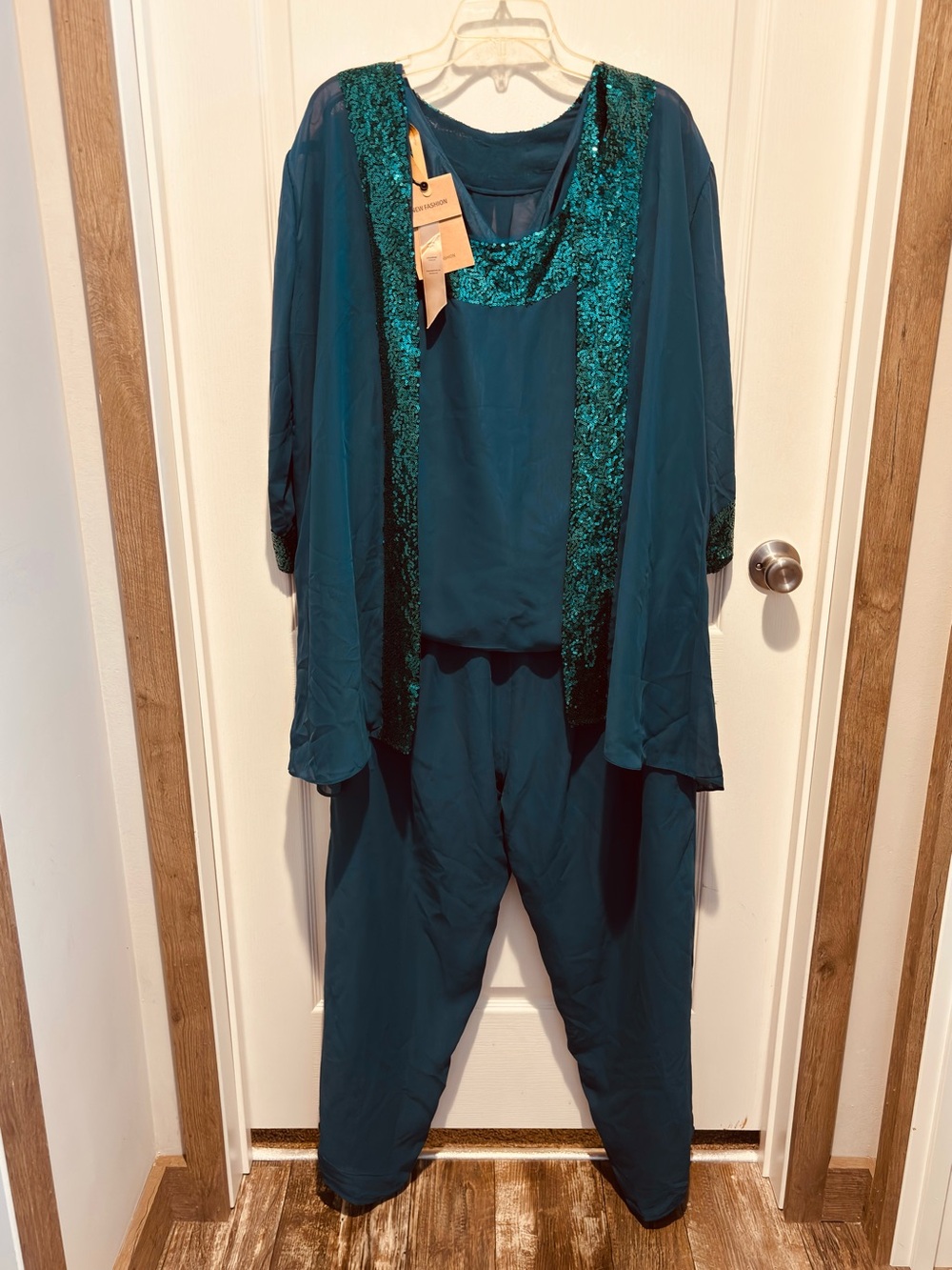 Teal Sequin-Trim Jumpsuit Set